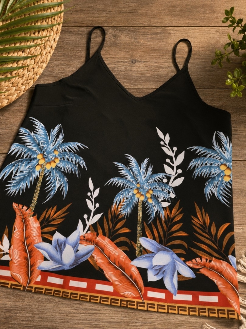 Black Tropical Palm Print Spaghetti Strap Cami